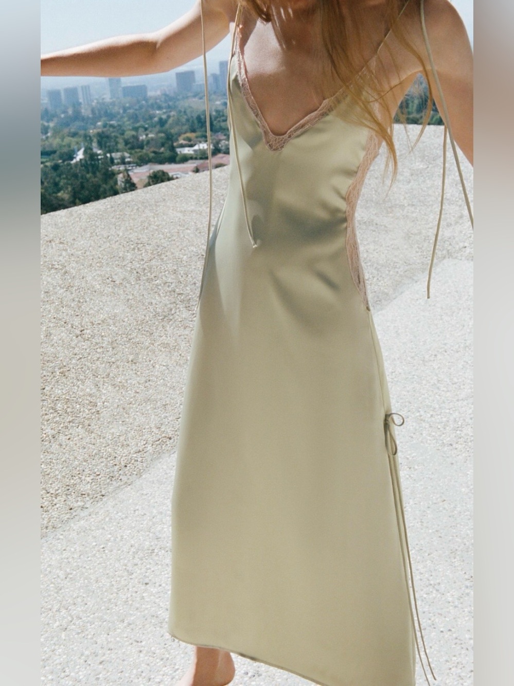Zara Satin Lace Dress Light Green Light Pink Trim Small - Picture 2 of 6